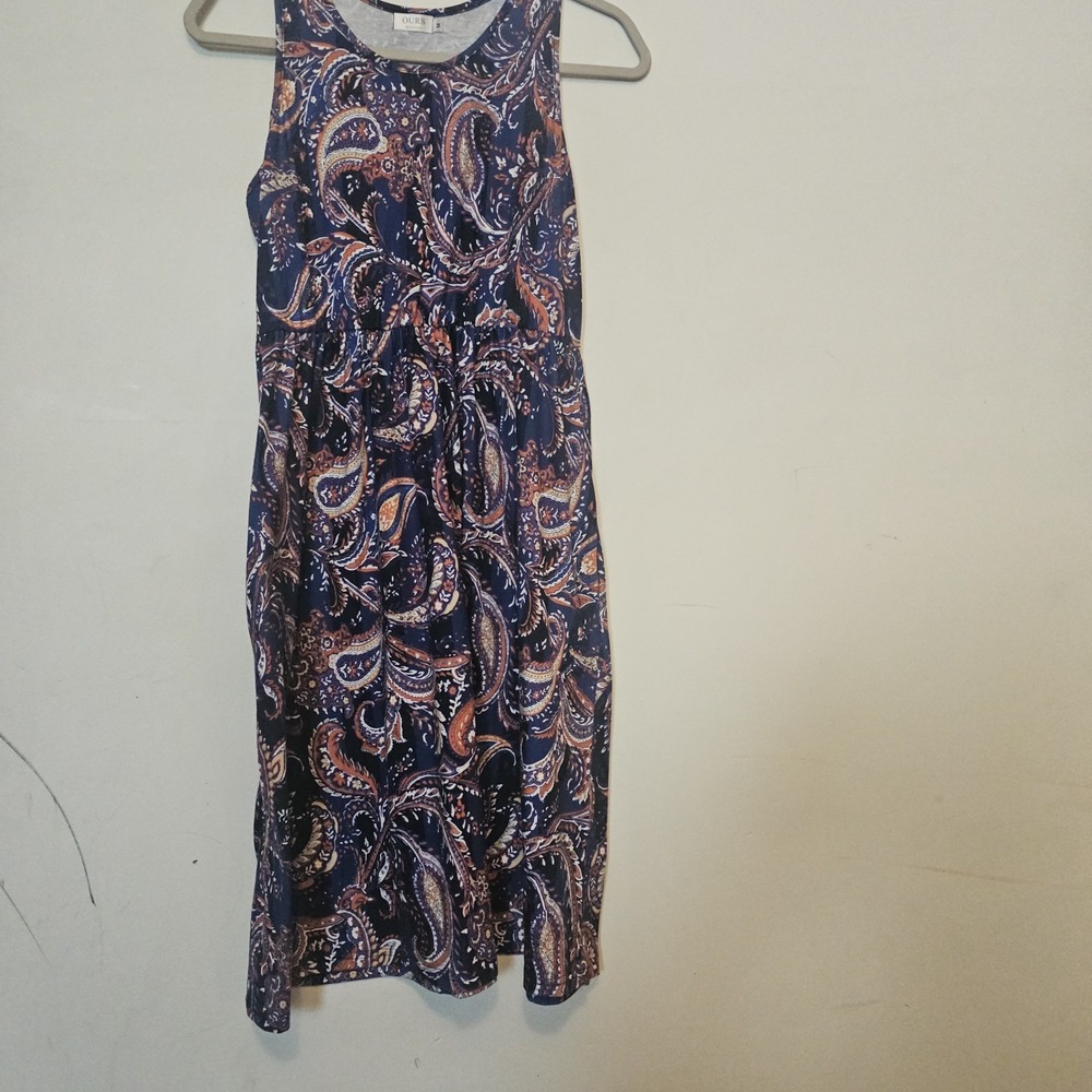Women's Medium Paisley Sleeveless Dress Navy Blue Boho Flowy Casual Summer Midi